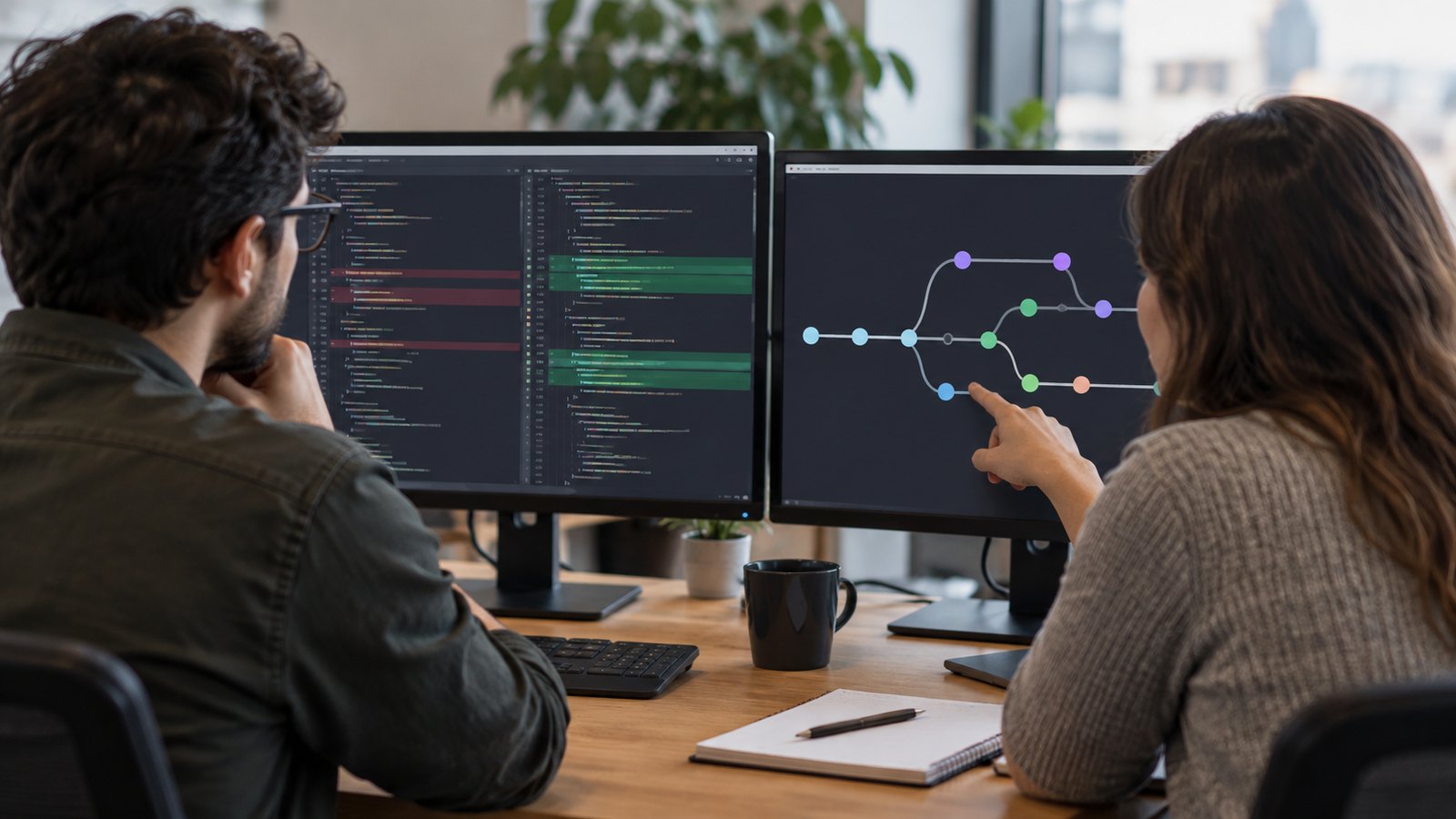 Development team reviewing file history and changes on workstation screens