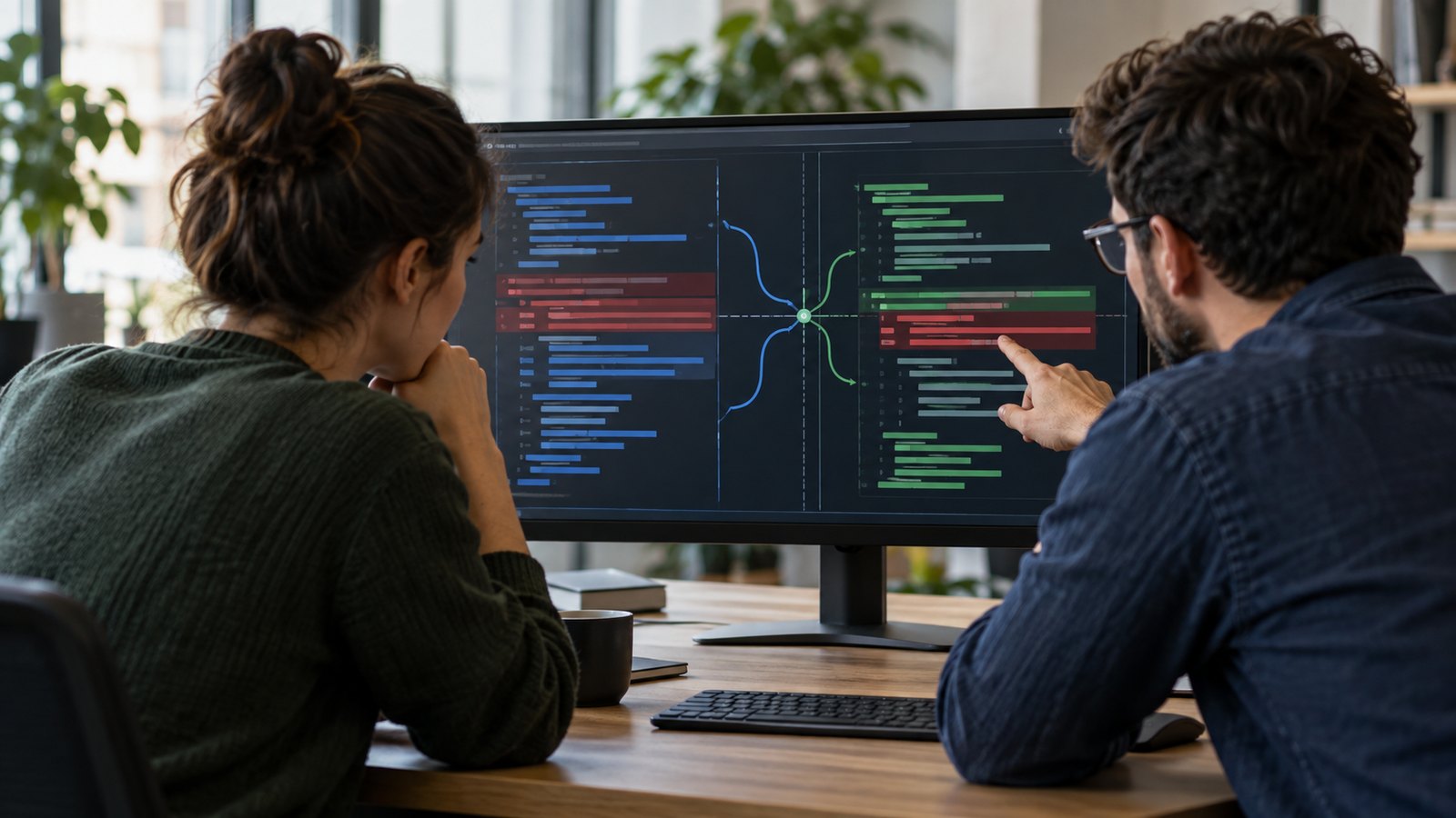 Software developers reviewing two code branches converging on a shared display