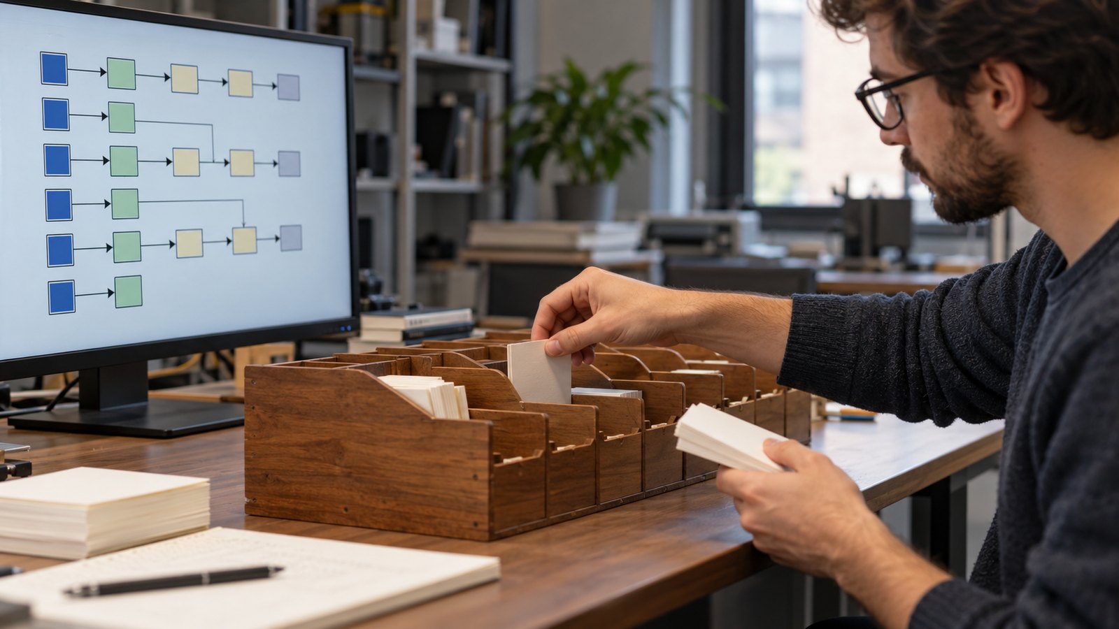 Computer scientist arranging labeled data cards into an abstract bucket structure