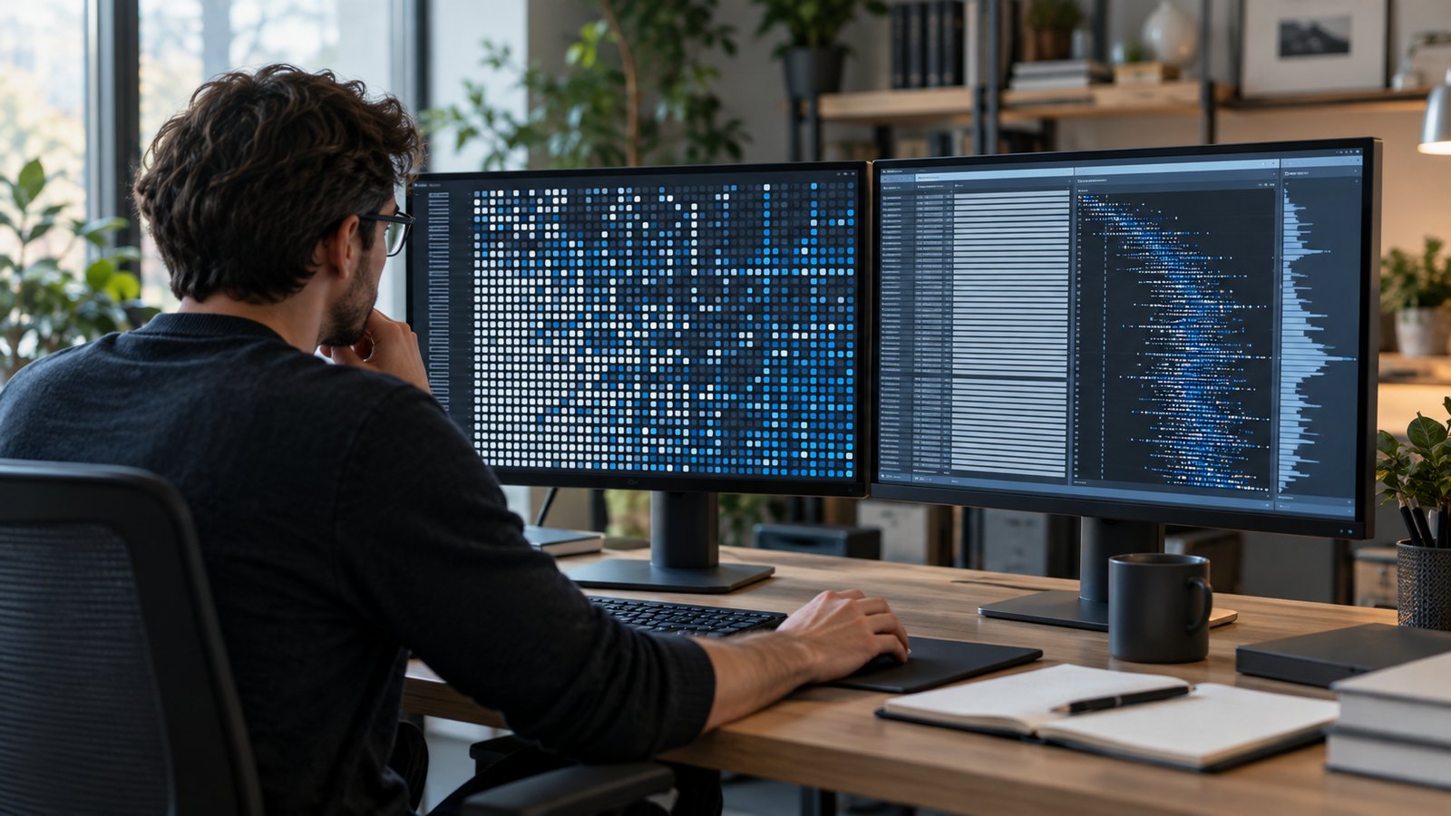 Data engineer examining a probabilistic bit array visualization in a server lab