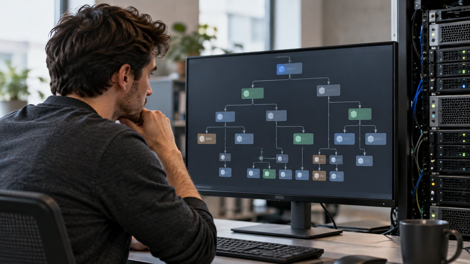 Software engineer reviewing a complex dependency graph and package installation status