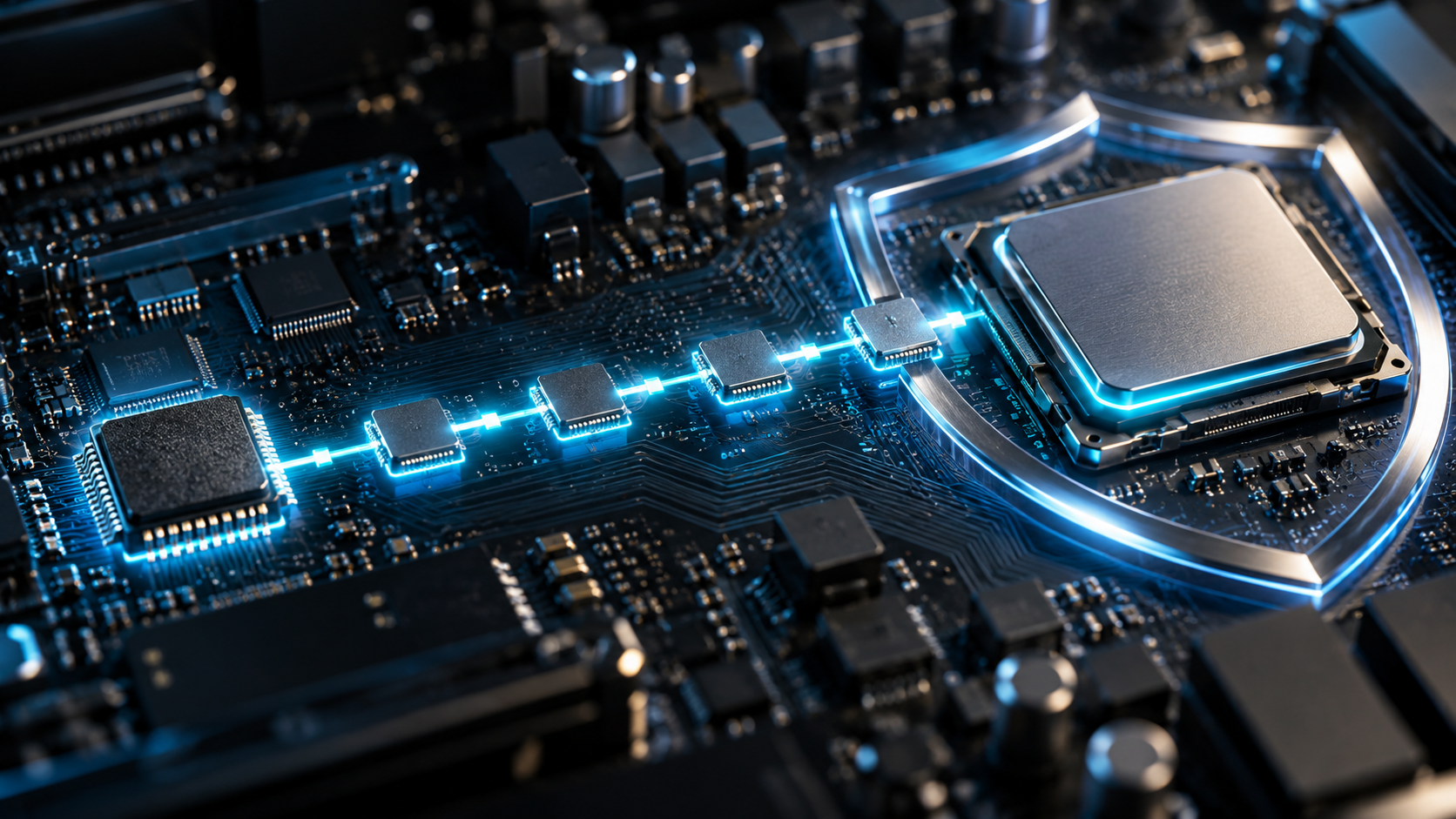 Motherboard components linked through a protected startup chain of trust