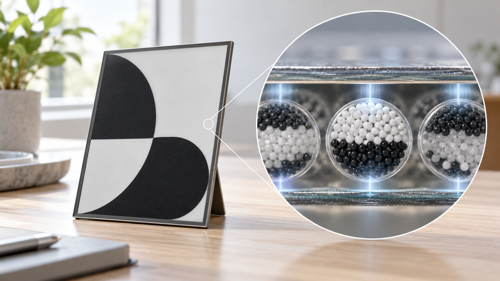 Electronic paper display beside magnified capsules containing black and white pigment particles
