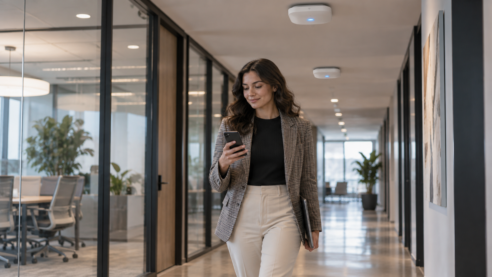 Office user walking beneath two Wi-Fi access points while a phone stays connected
