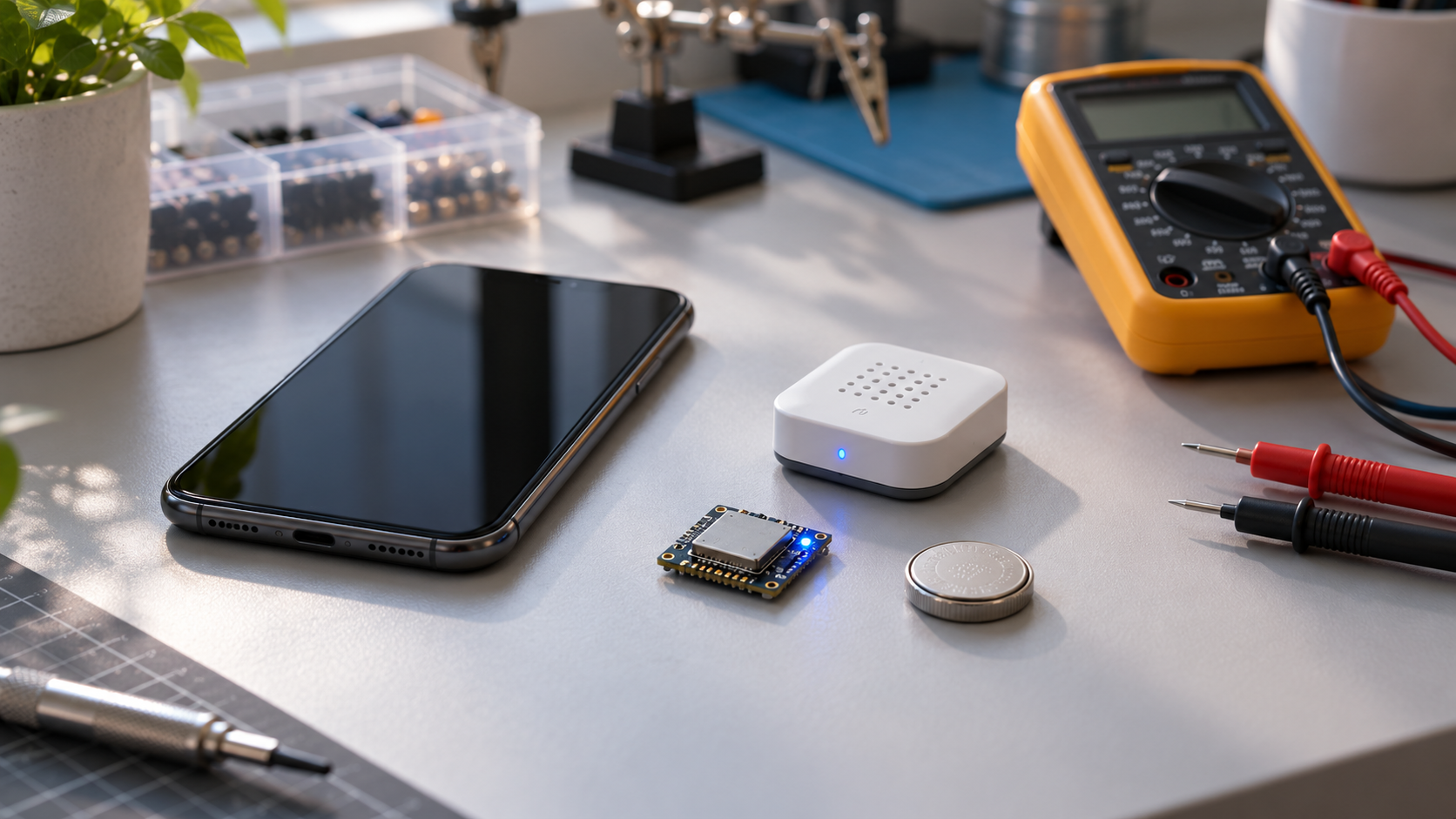 Smartphone beside a coin-cell sensor and small Bluetooth Low Energy radio module