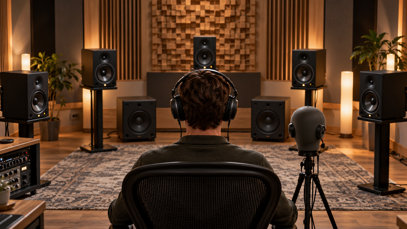 Listener in a treated studio surrounded by speakers and a binaural measurement head