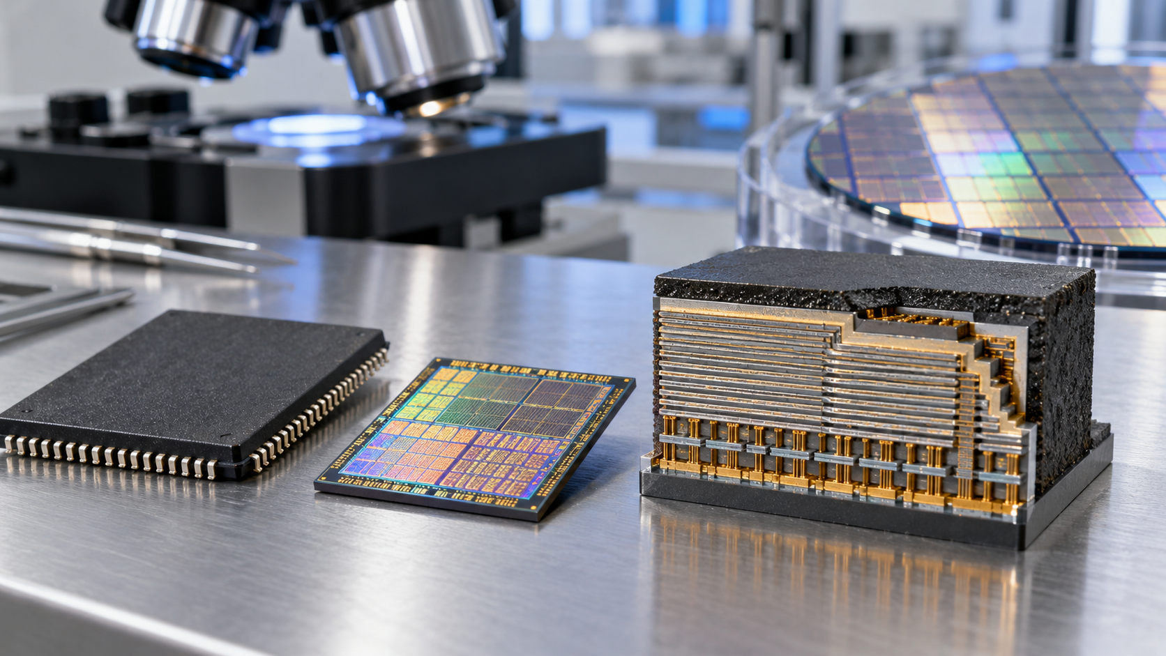 NAND flash package silicon die and layered memory-cell cutaway in a semiconductor lab