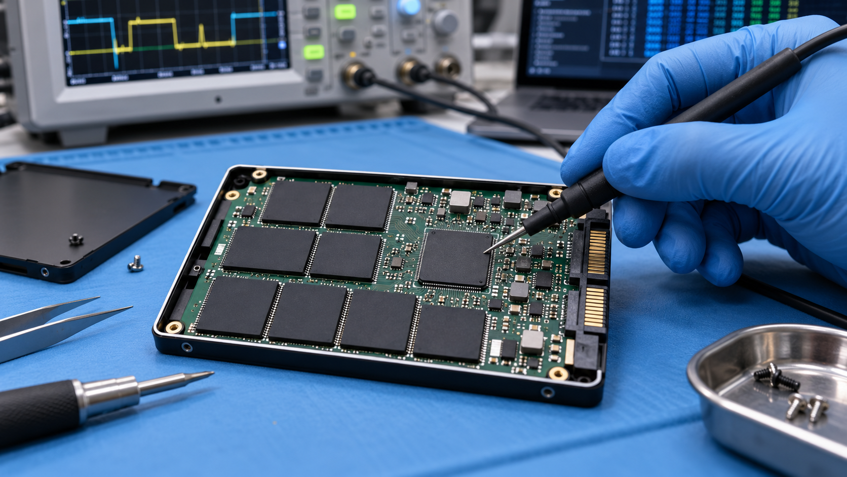 Open solid-state drive showing a central controller chip and surrounding NAND packages