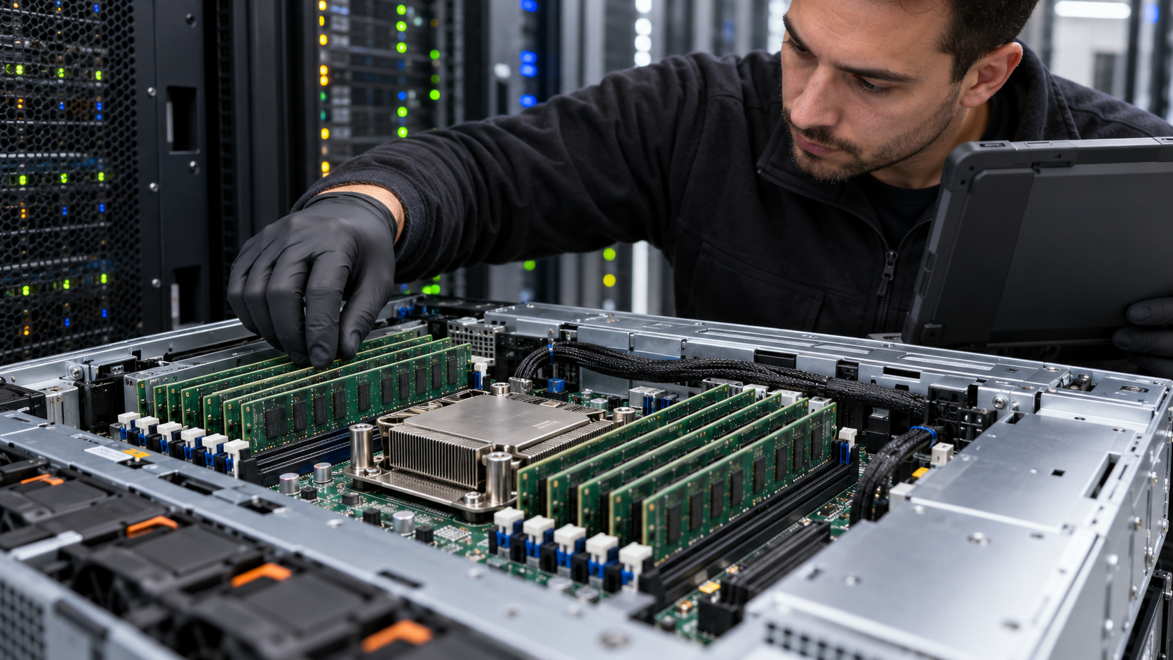 Technician inspecting ECC memory modules in an open rack server