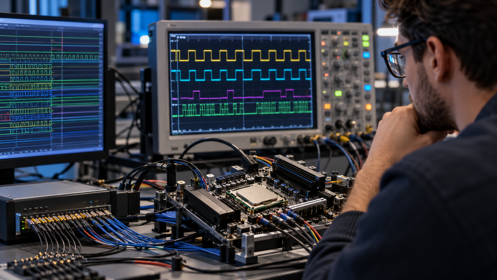 Processor test bench with logic analyzer traces used to study branch behavior