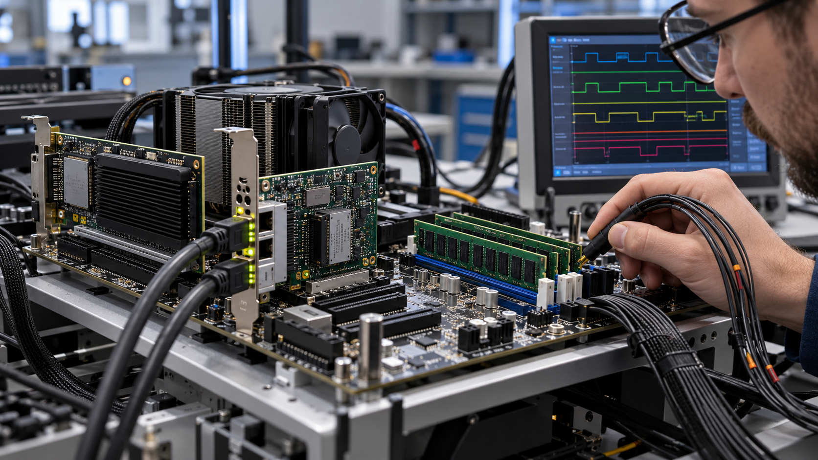 Hardware engineer probing adapters and memory on a motherboard DMA test bench