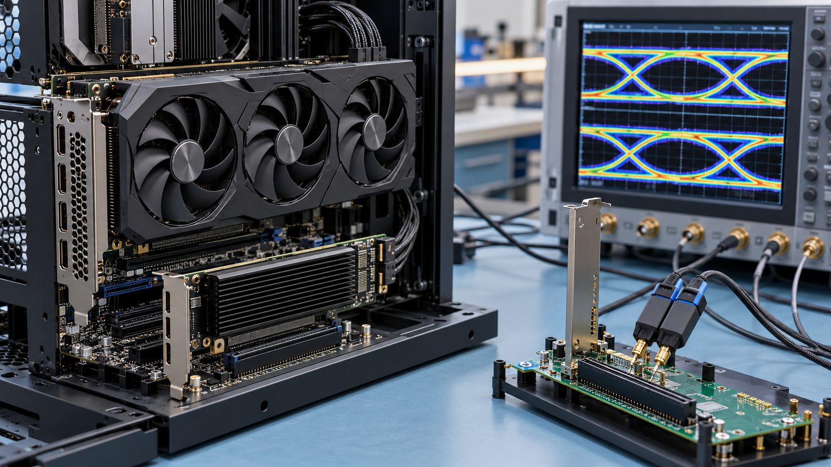 Graphics and storage cards in PCI Express slots connected to signal test equipment
