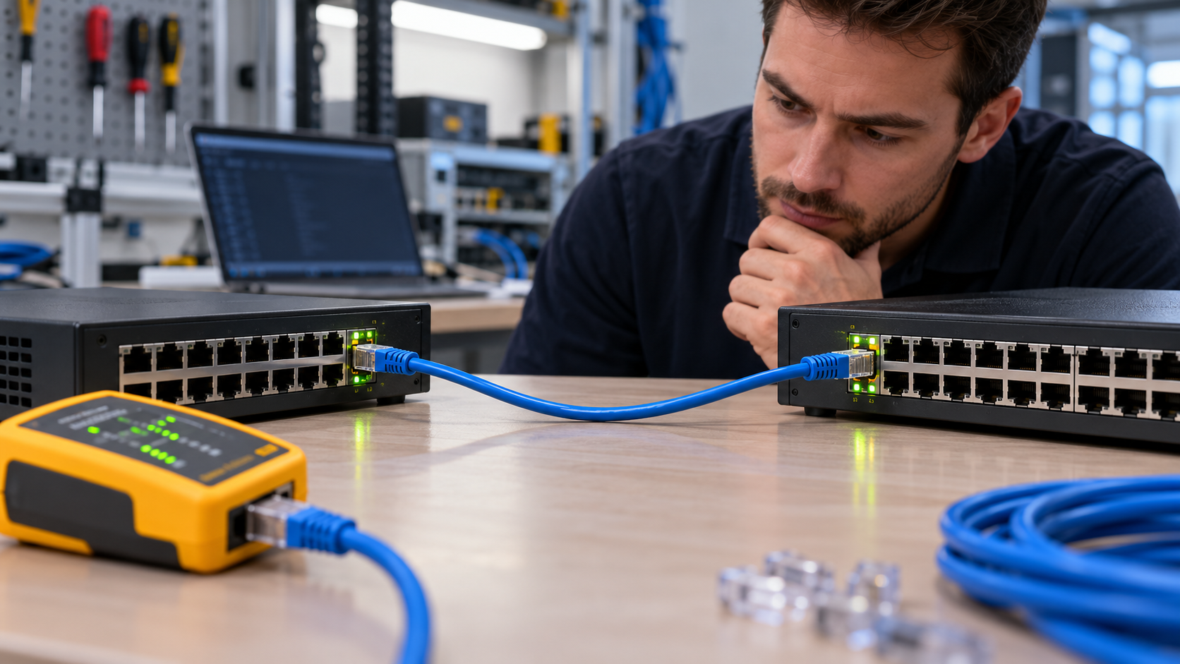 Two Ethernet switches linked by a cable while a technician checks their status lights