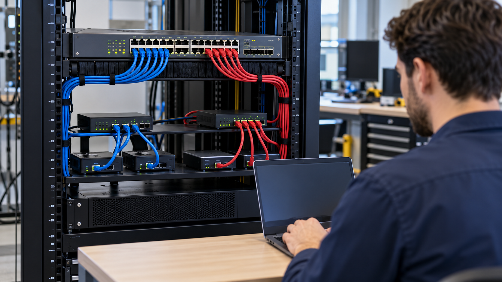 Managed switch separating red and blue network cable groups in a test rack