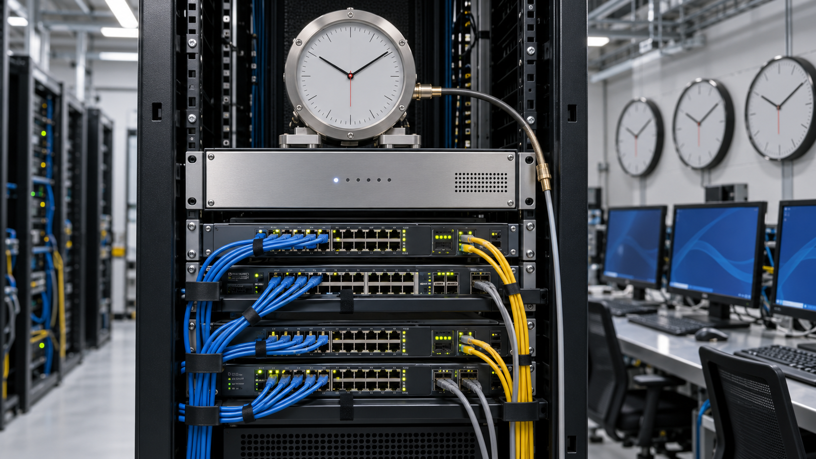 Network time server connected to switches and several closely synchronized clocks