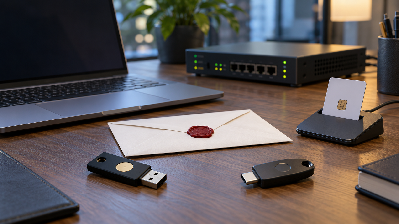 Cryptographic tokens smart card and sealed envelope beside a secure laptop