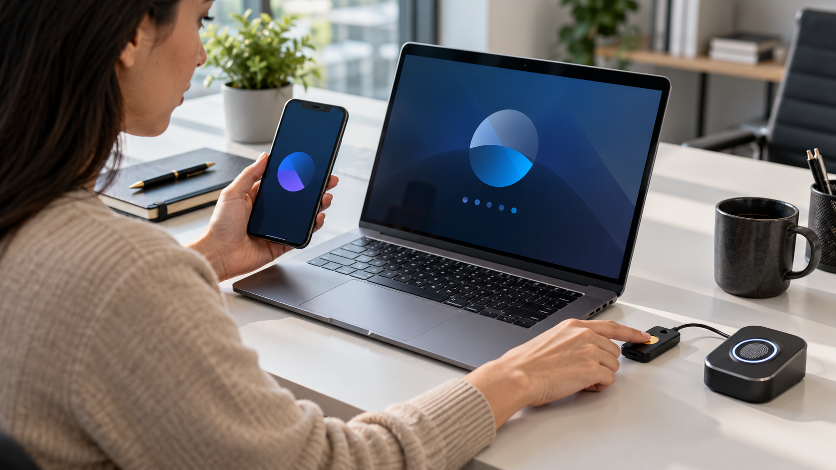 User signing in with a laptop phone hardware key and fingerprint reader