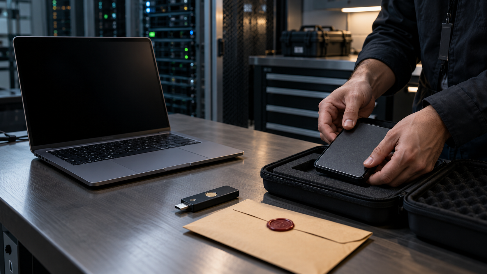 Technician placing an encrypted external drive into a protective case beside a laptop