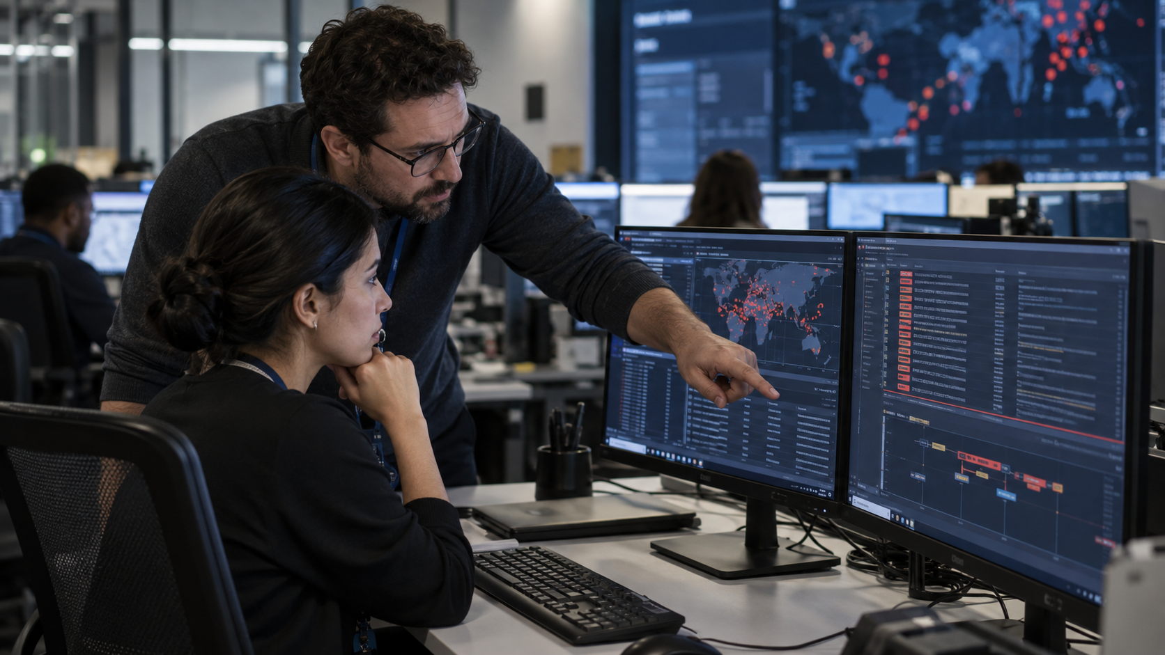Security operations center monitoring intrusion detection alerts across network and endpoint sensors