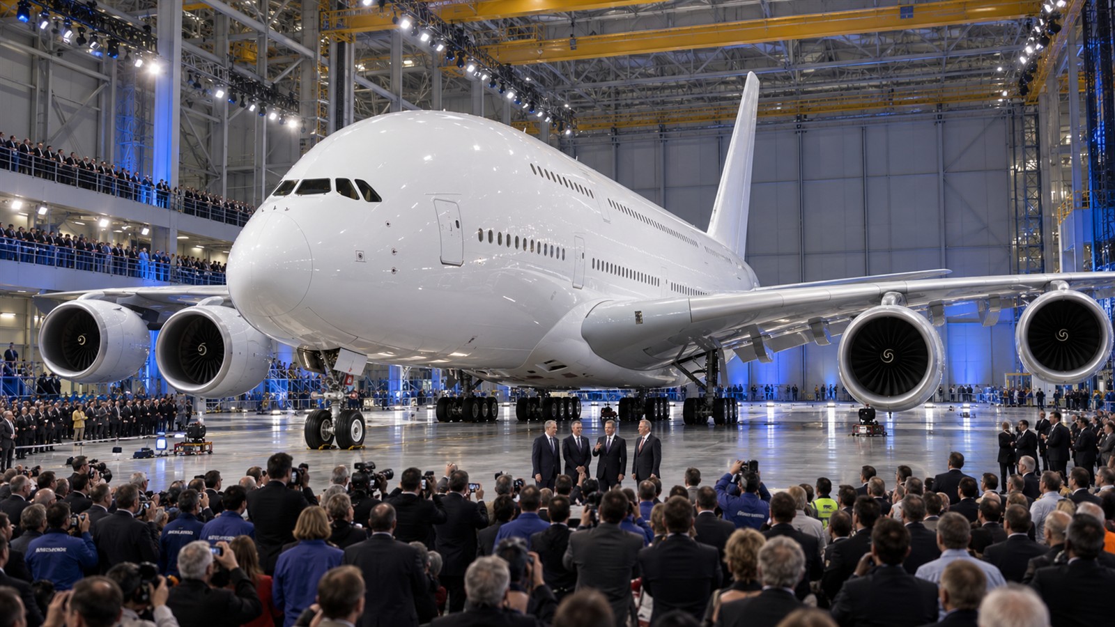 AI reconstruction of the Airbus A380 public unveiling inside a Toulouse assembly hall on January 18, 2005.
