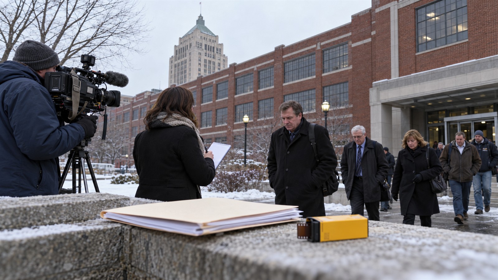 AI reconstruction of Kodak employees and reporters outside the Rochester headquarters on the day of its 2012 Chapter 11 filing.