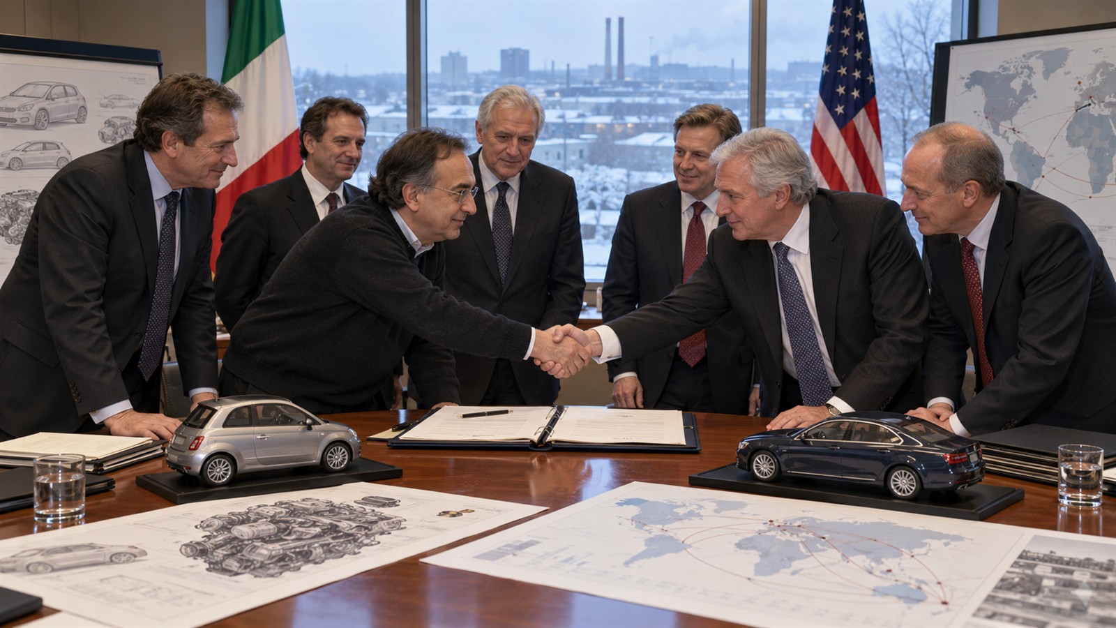 AI reconstruction of Fiat and Chrysler executives negotiating their proposed global alliance on January 20, 2009.