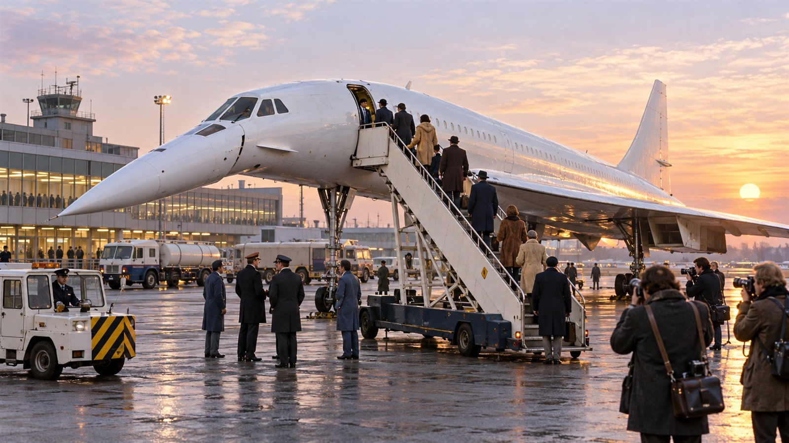 AI reconstruction of passengers boarding Concorde for the first scheduled supersonic services on January 21, 1976.
