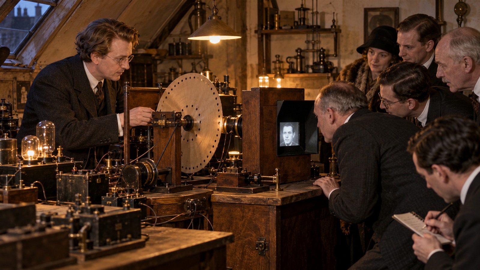 AI reconstruction of John Logie Baird demonstrating mechanical television to observers in London on January 26, 1926.