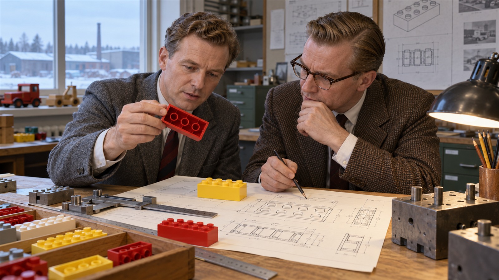 AI reconstruction of the 1958 Danish design work behind the stud-and-tube interlocking plastic brick patent.