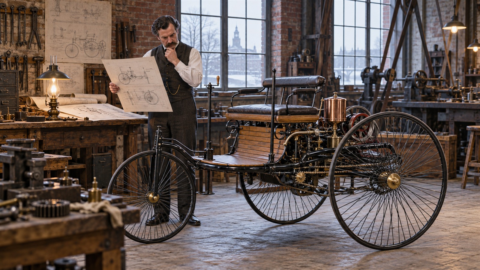 AI reconstruction of Carl Benz preparing the 1886 patent for his three-wheeled gas-powered motor car.
