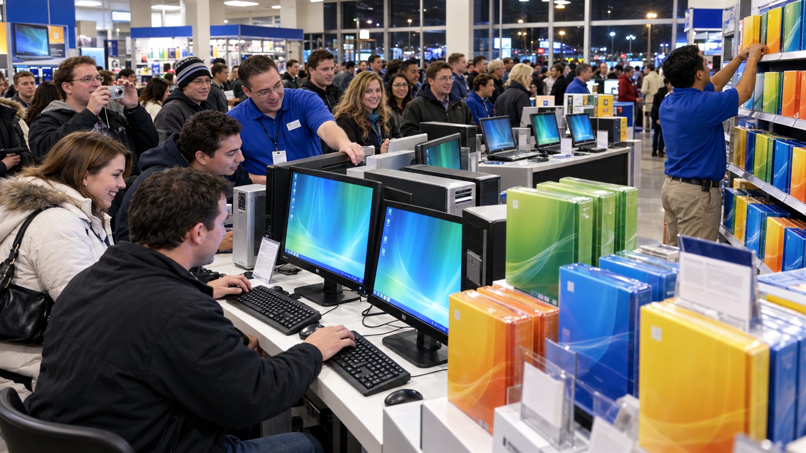 AI reconstruction of a crowded electronics store during the worldwide consumer launch of Windows Vista in January 2007.