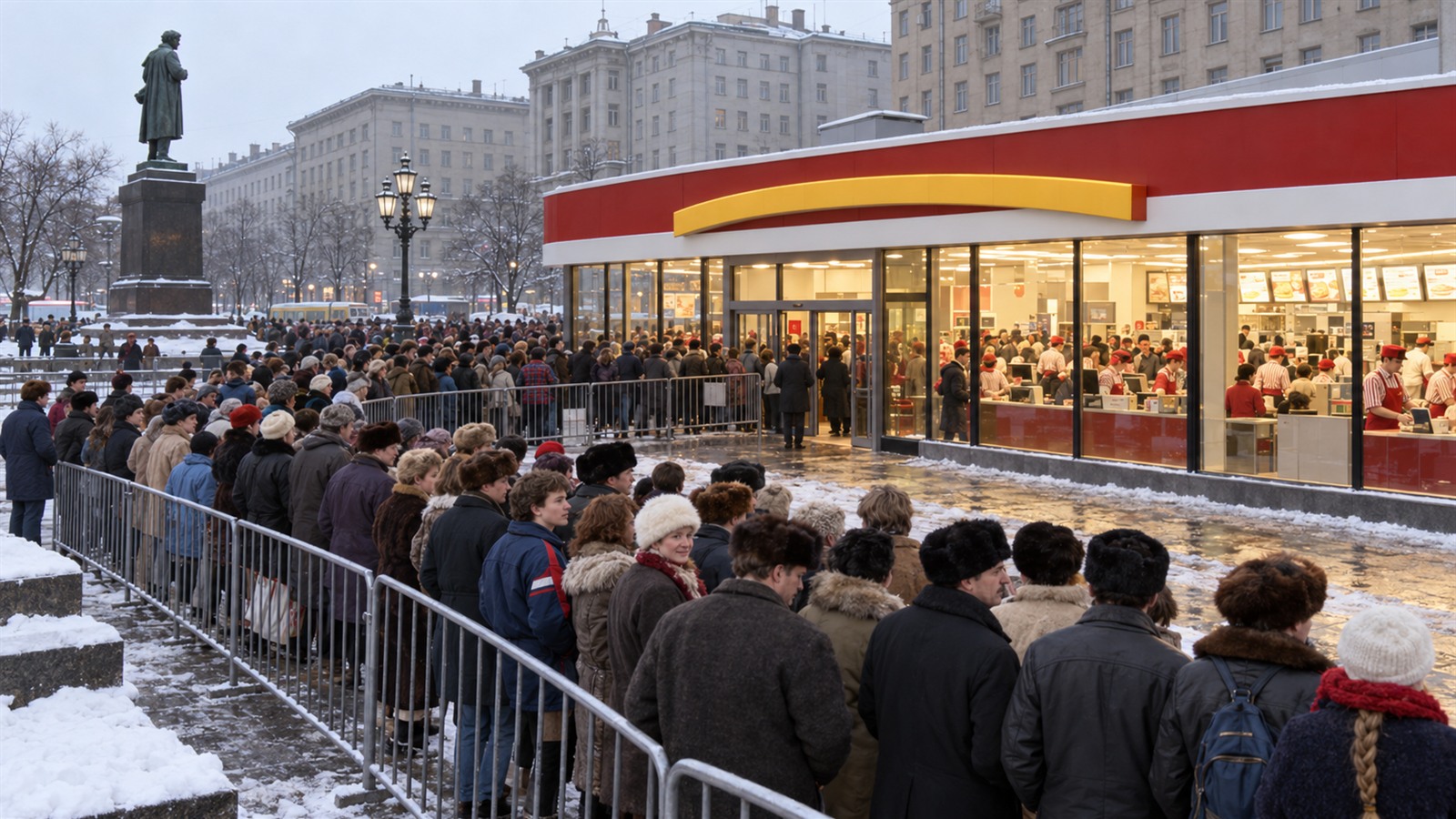 AI reconstruction of the enormous winter queue outside Moscow's first McDonald's restaurant on January 31, 1990.