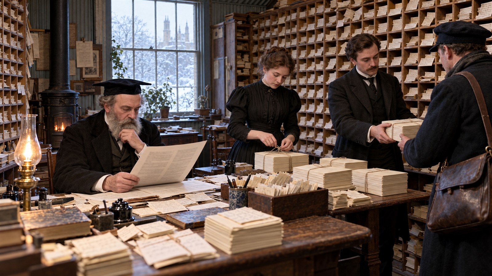 AI reconstruction of Oxford editors preparing the first OED fascicle for publication on February 1, 1884.