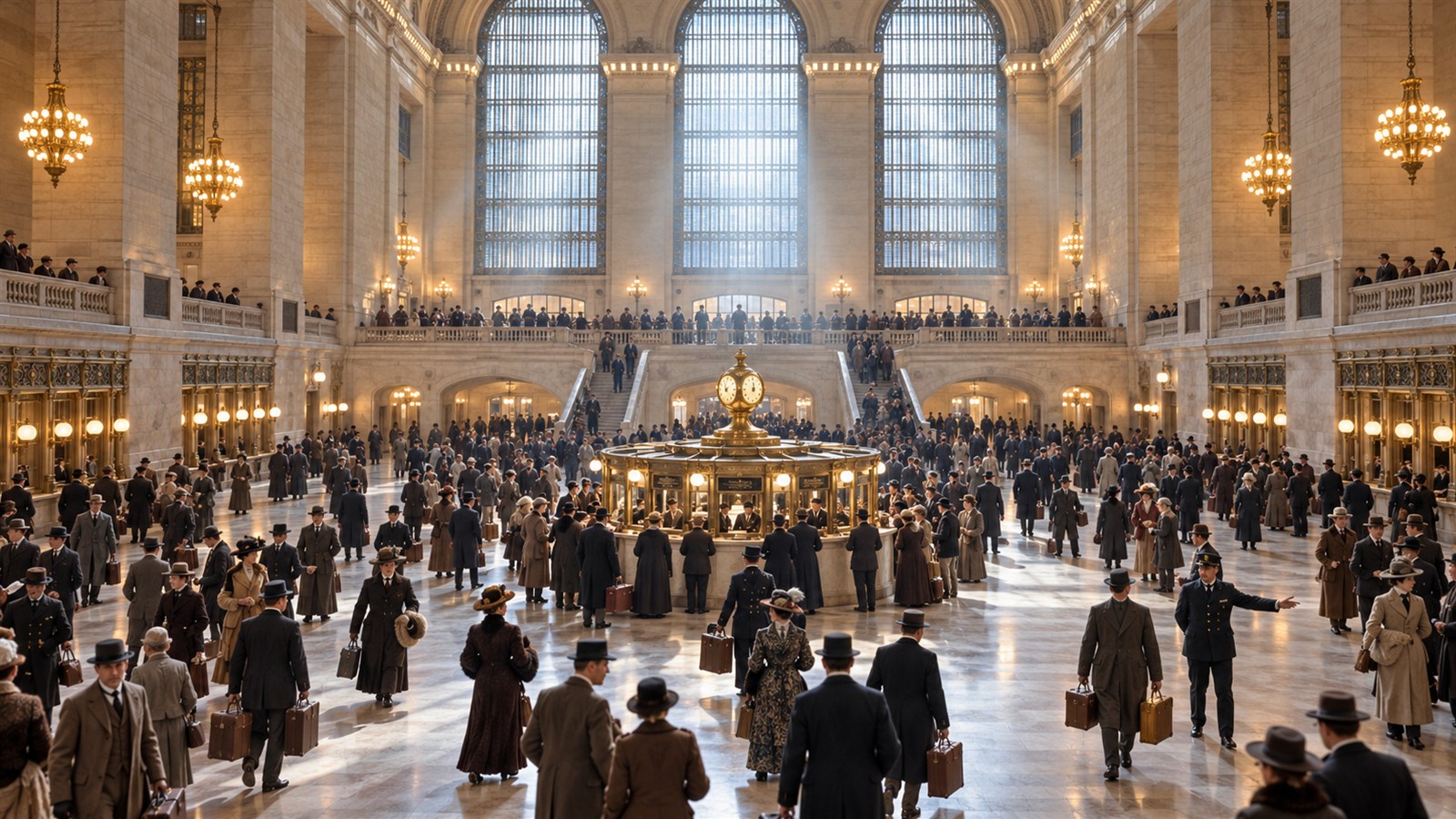 AI reconstruction of the crowded Main Concourse on Grand Central Terminal's opening day, February 2, 1913.