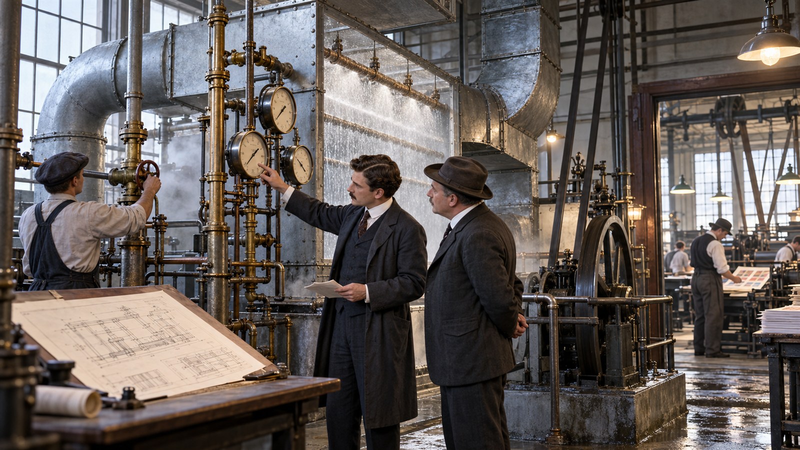 AI reconstruction of Willis Carrier demonstrating an industrial humidity-control system after receiving his 1914 patent.