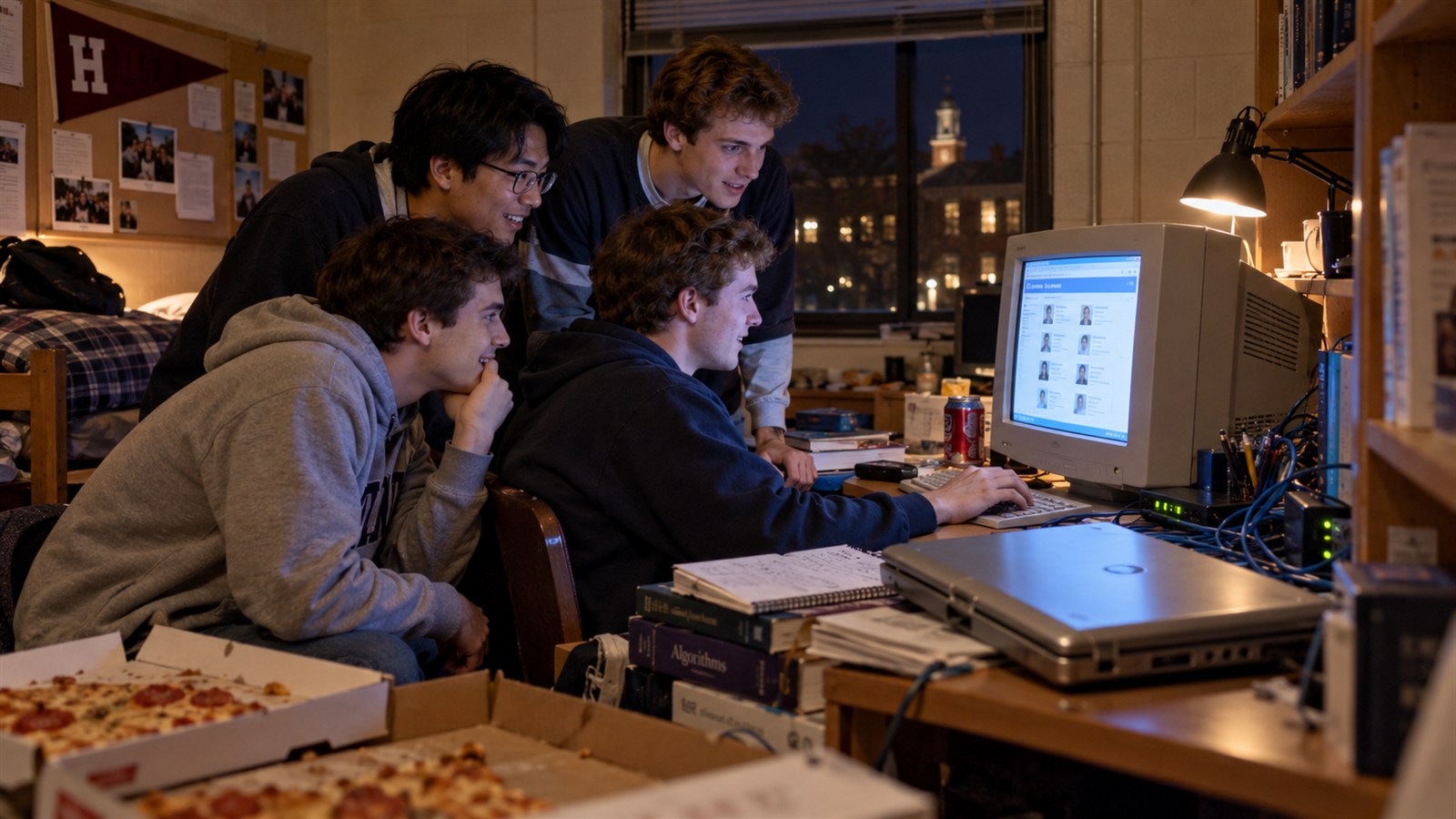 AI reconstruction of Harvard students launching an early campus social network from a dorm room on February 4, 2004.