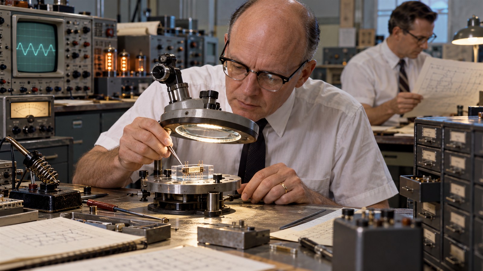 AI reconstruction of Jack Kilby documenting an early integrated-circuit prototype for his February 1959 patent filing.