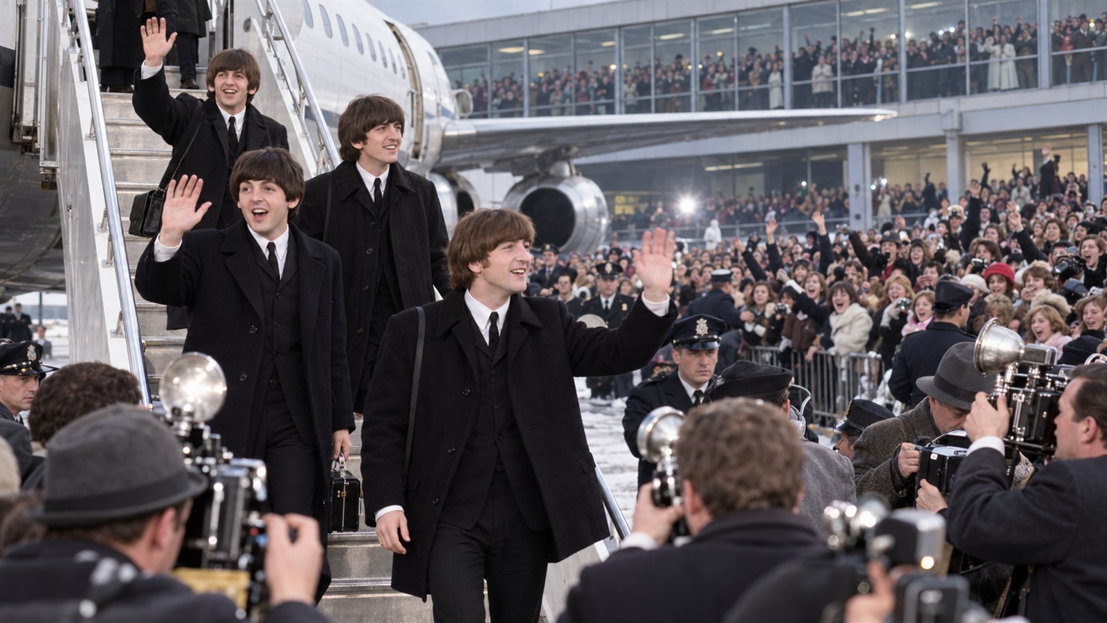 AI reconstruction of the Beatles arriving to a large fan and press crowd at JFK Airport on February 7, 1964.