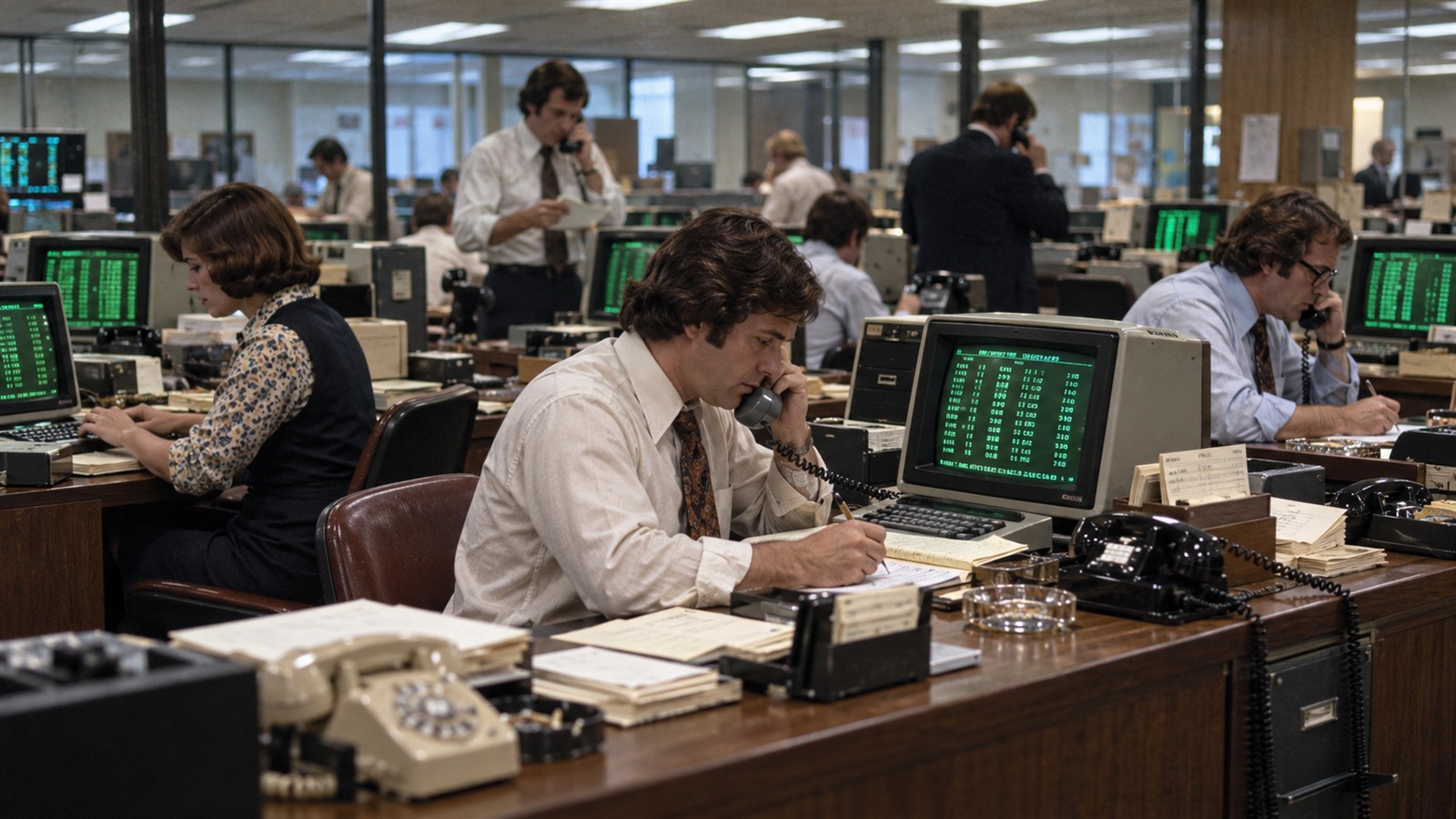 AI reconstruction of broker-dealers using the new Nasdaq electronic quotation terminals on February 8, 1971.