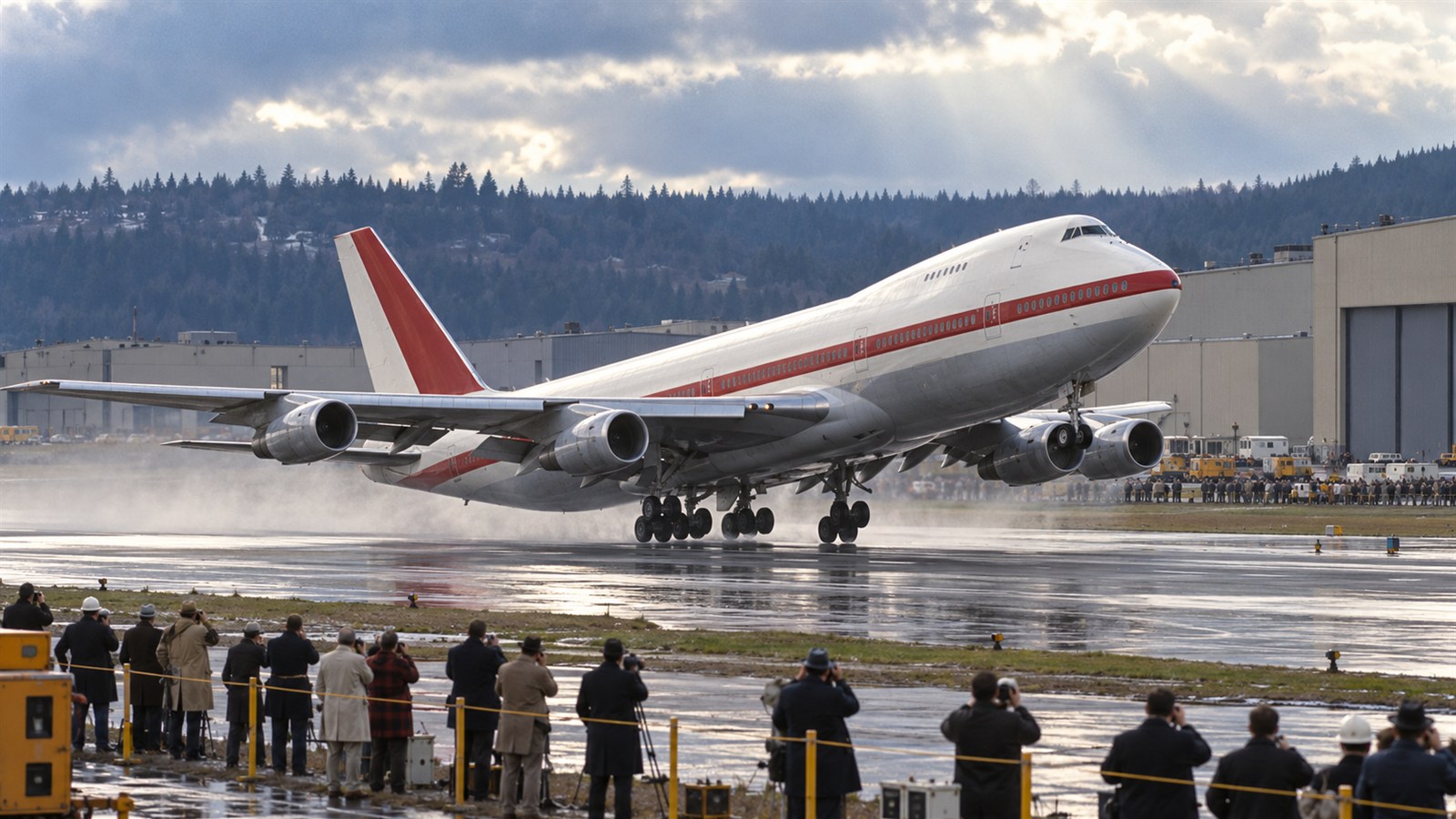AI reconstruction of the first Boeing 747 lifting off from Paine Field on its maiden flight, February 9, 1969.