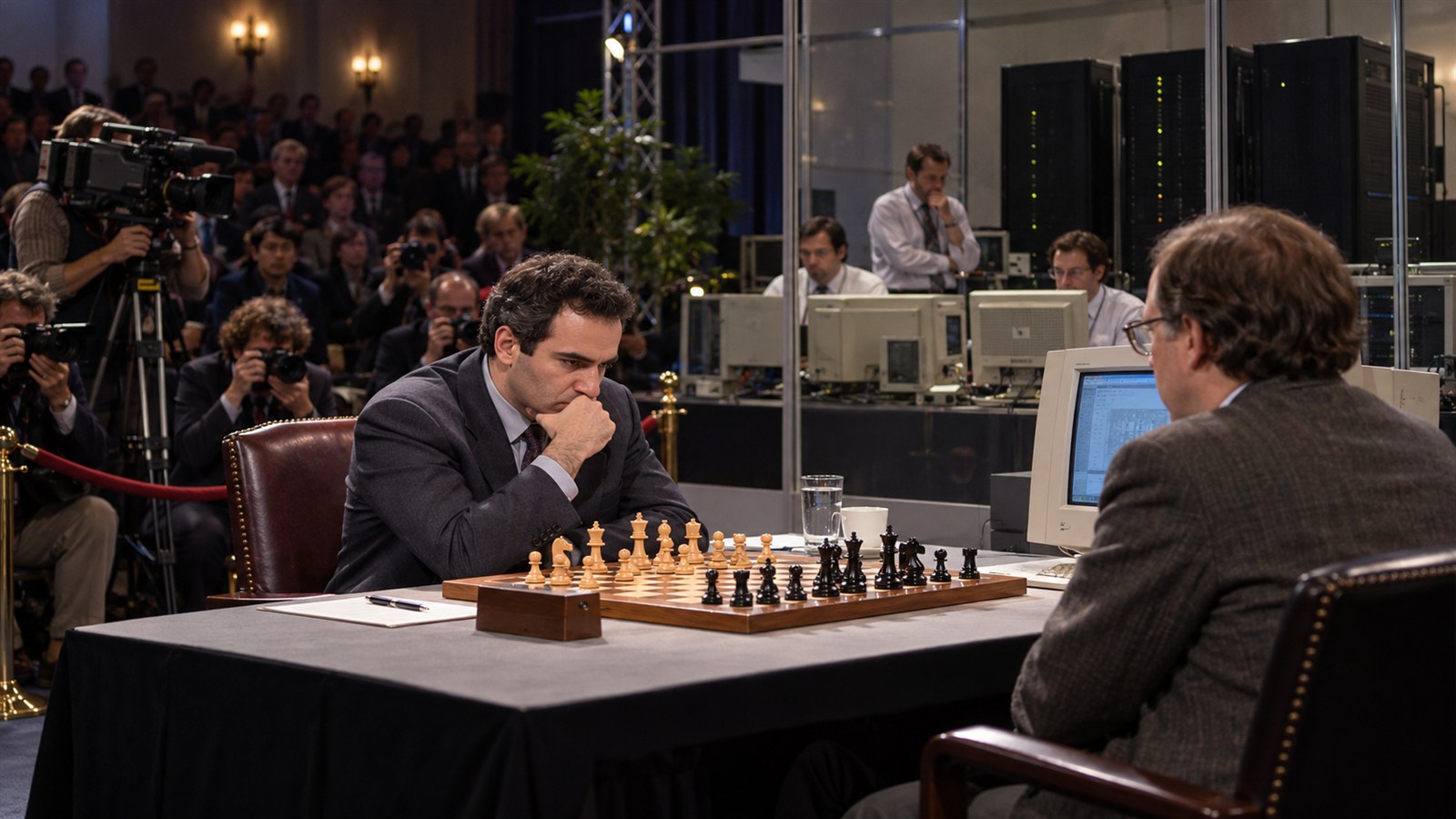 AI reconstruction of Garry Kasparov facing IBM's Deep Blue through a human operator during their February 10, 1996 game.