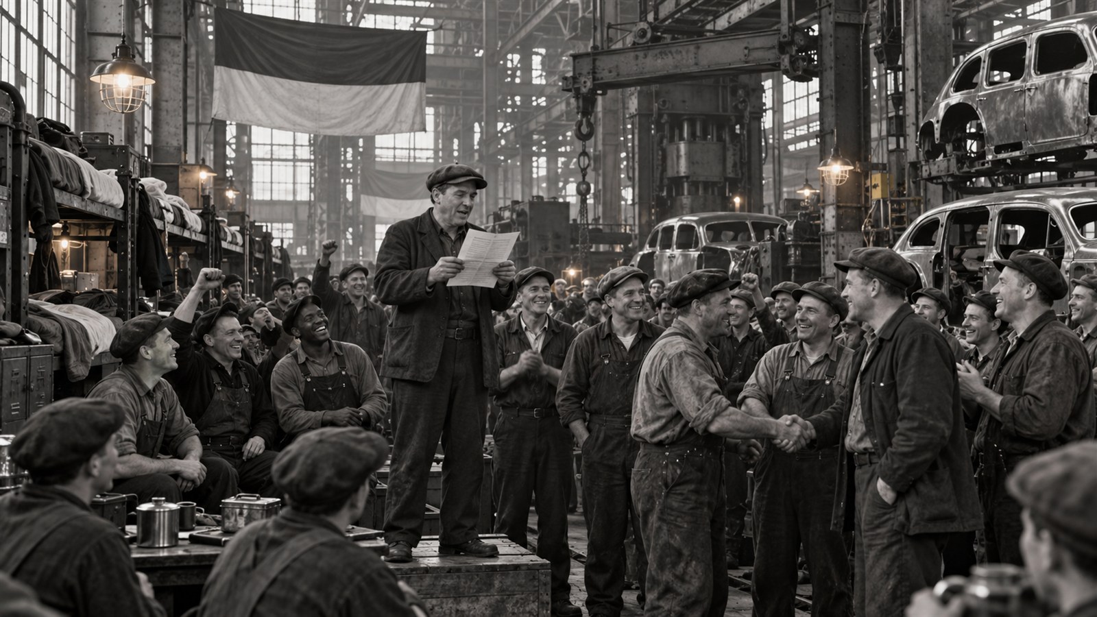 AI reconstruction of Flint auto workers hearing news of the February 11, 1937 agreement ending their sit-down strike.