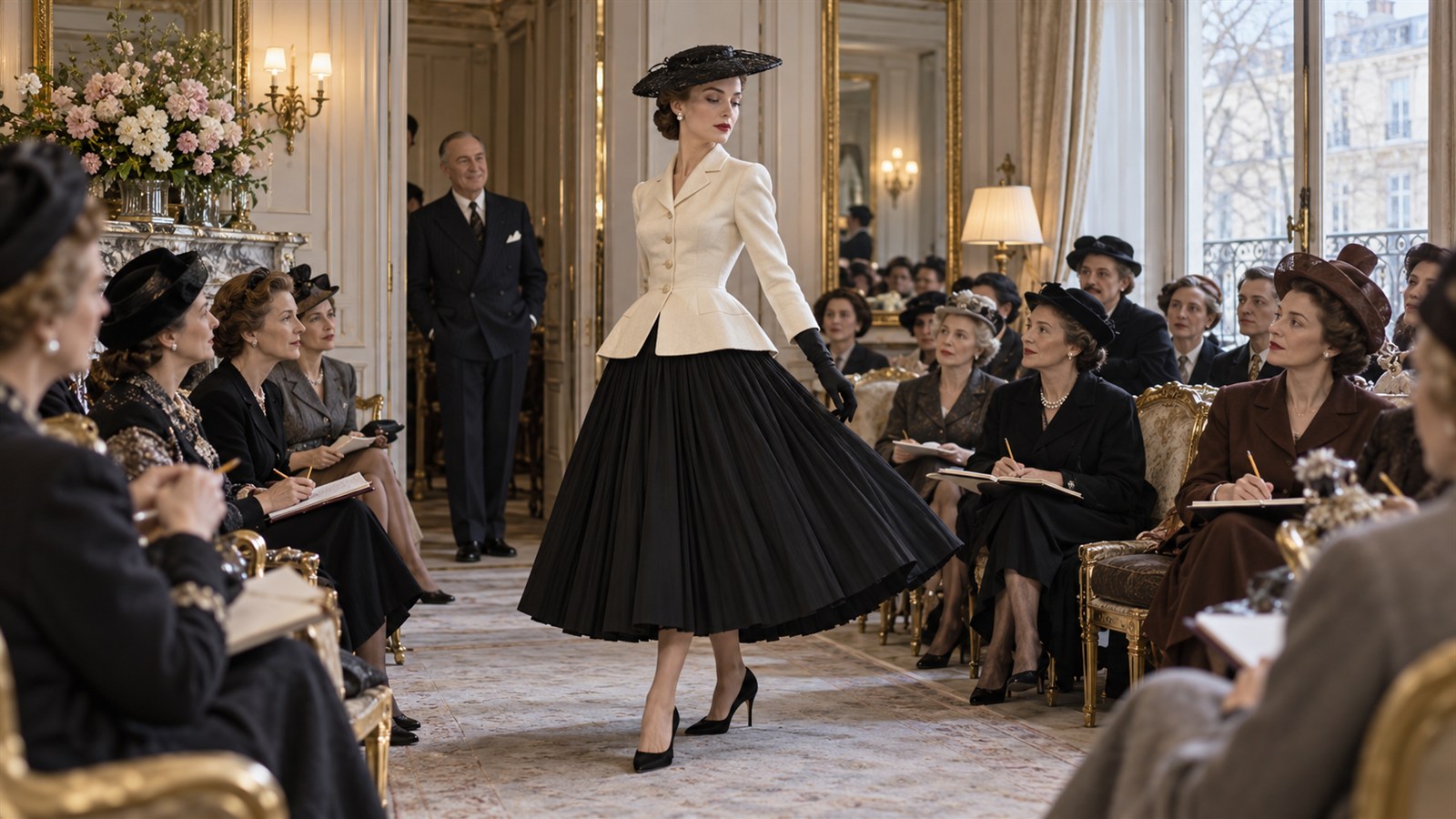AI reconstruction of Christian Dior's first postwar couture presentation in Paris on February 12, 1947.