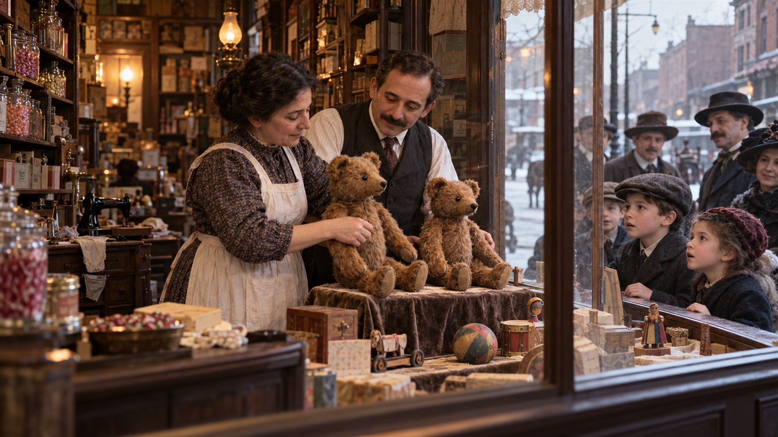 AI reconstruction of Morris and Rose Michtom displaying early Teddy bears in their Brooklyn shop on February 15, 1903.