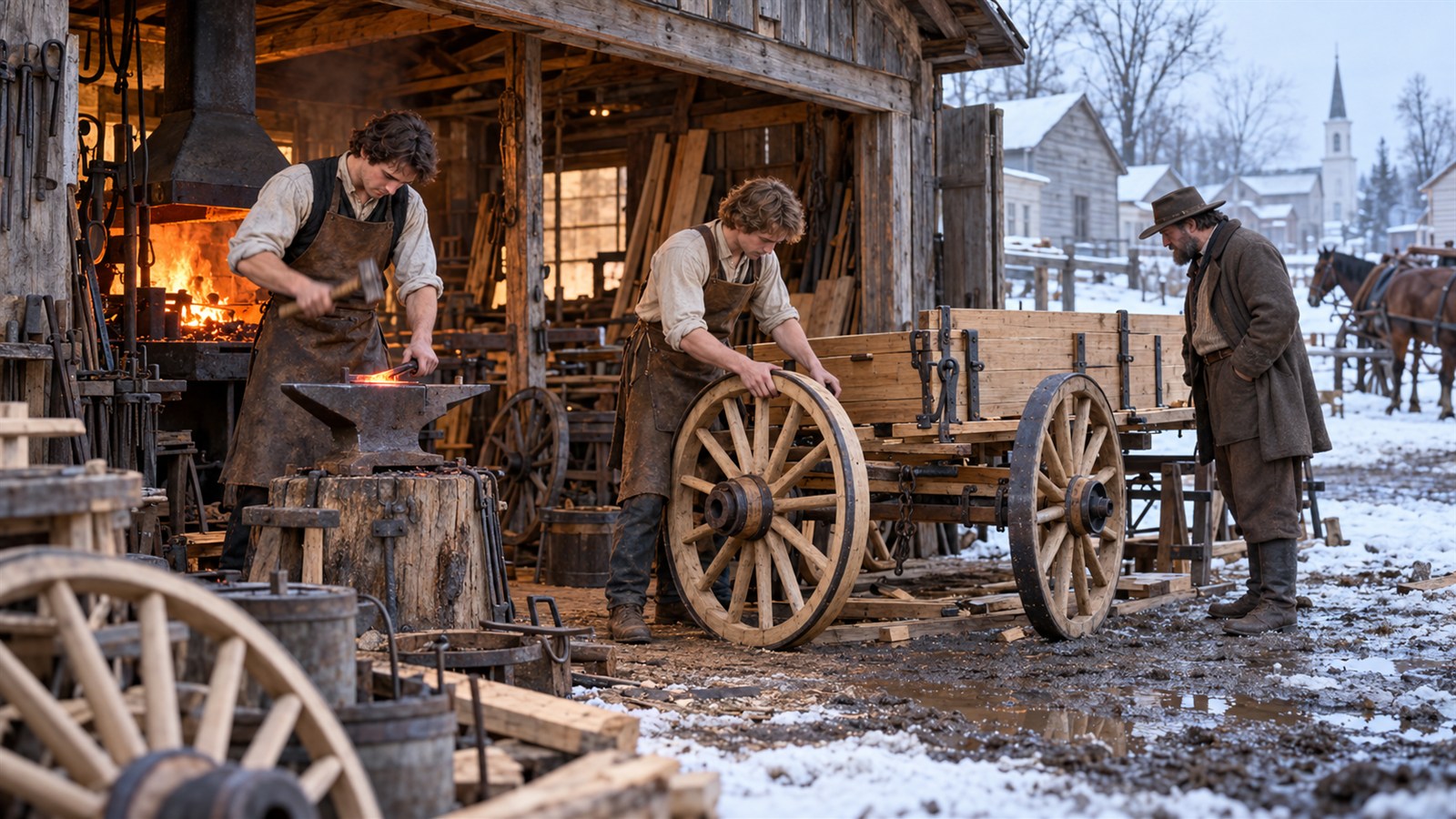 AI reconstruction of Henry and Clement Studebaker opening their South Bend blacksmith and wagon shop on February 16, 1852.