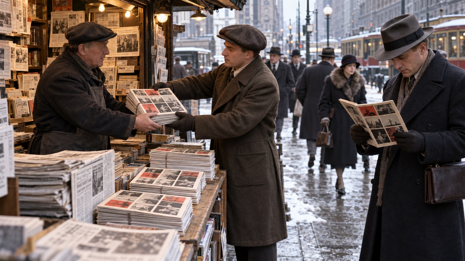 AI reconstruction of a New York newsstand receiving the first issue of News-Week on February 17, 1933.