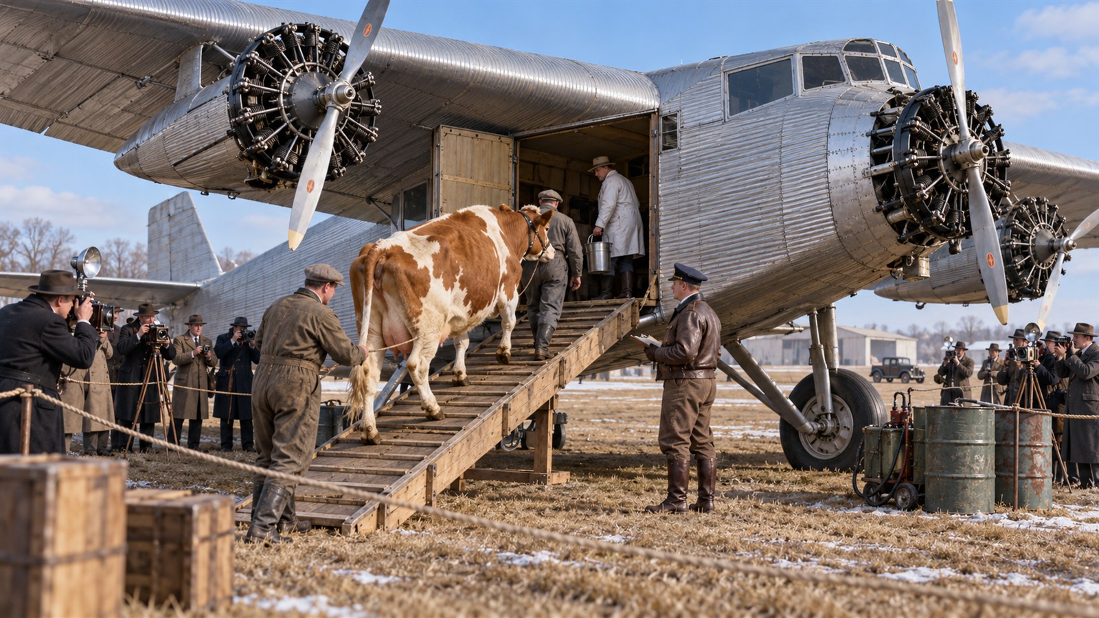 AI reconstruction of Elm Farm Ollie being loaded aboard a Ford Tri-Motor for her publicity flight on February 18, 1930.