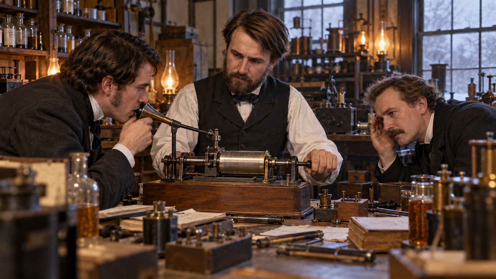 AI reconstruction of Thomas Edison demonstrating his patented tinfoil phonograph in February 1878.