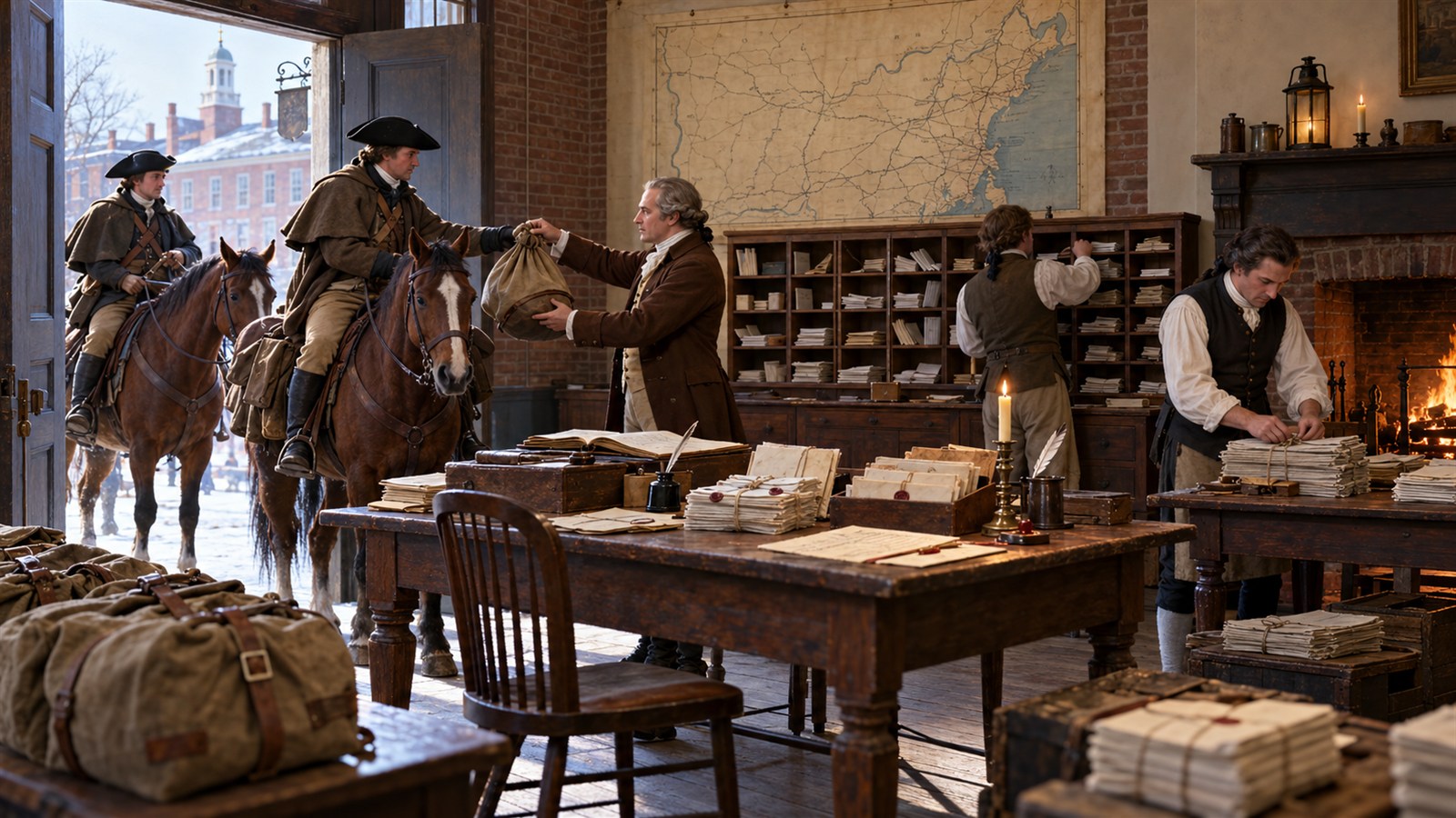 AI reconstruction of a Philadelphia post office organizing new national mail routes after the law of February 20, 1792.