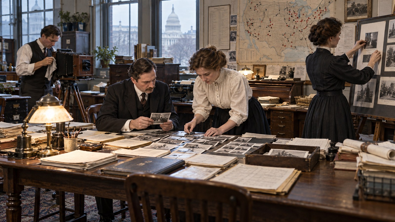 AI reconstruction of National Child Labor Committee investigators organizing workplace evidence after receiving their federal charter in 1907.